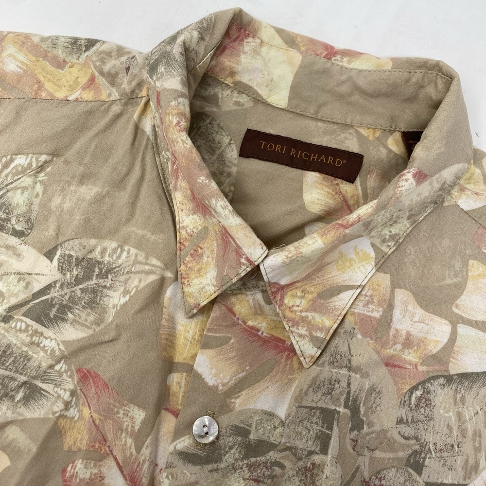 Tori Richard Button Down Shirt Mens 2XL Tan Tropical Leaf Viscose Made in USA